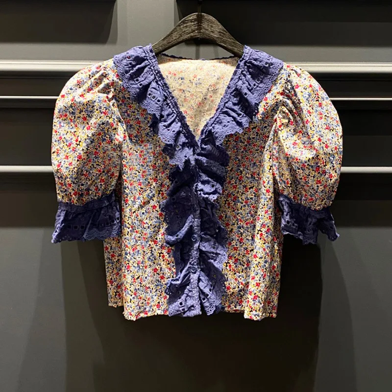 

Summer Sweet Print Lace Patchwork Short Shirts Women Blouses Chic Contrast Color Woman Crop Tops Short Sleeve Blusas Mujer