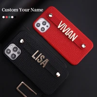luxury personalise name pebble leather cowhide phone case for iphone 12 11 13pro max xr xs 7 8p striped metal letter funda coque