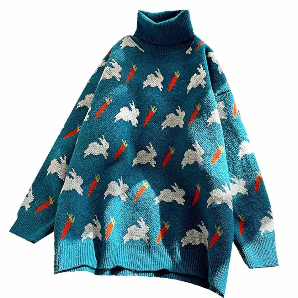 

Korean Ladies Cartoon Knitted Jacquard Sweater Autumn And Winter High Neck Thick Pullover Sueter Mujer Kawaii Harajuku Top