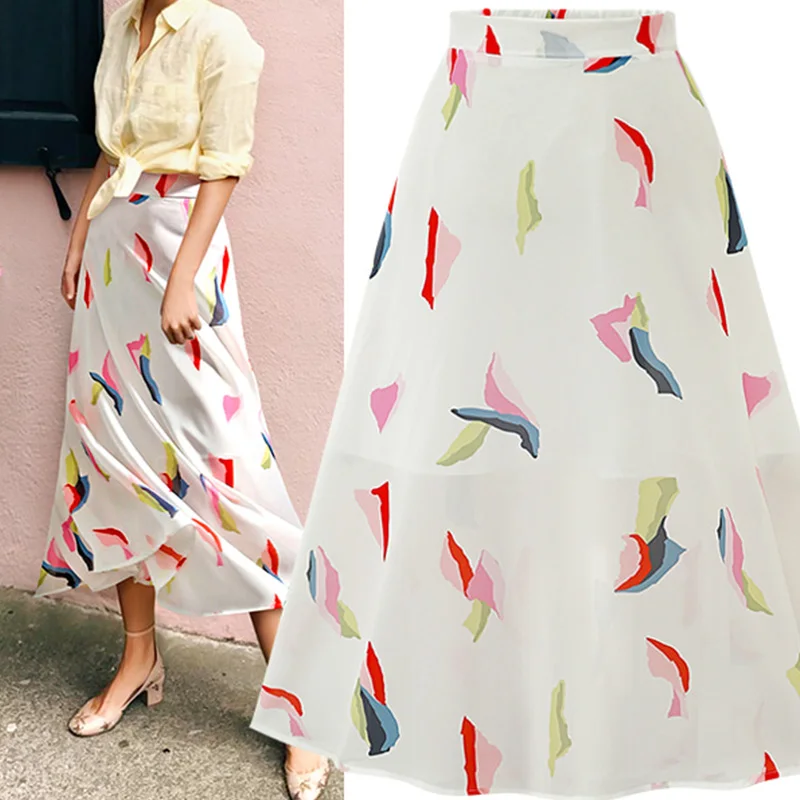 

VAIR MUDO 2021New Wind Floral Net Yarn Chiffon Skirt Mid-Length Elastic Large Skirt Summer Elegant Dress Y-25