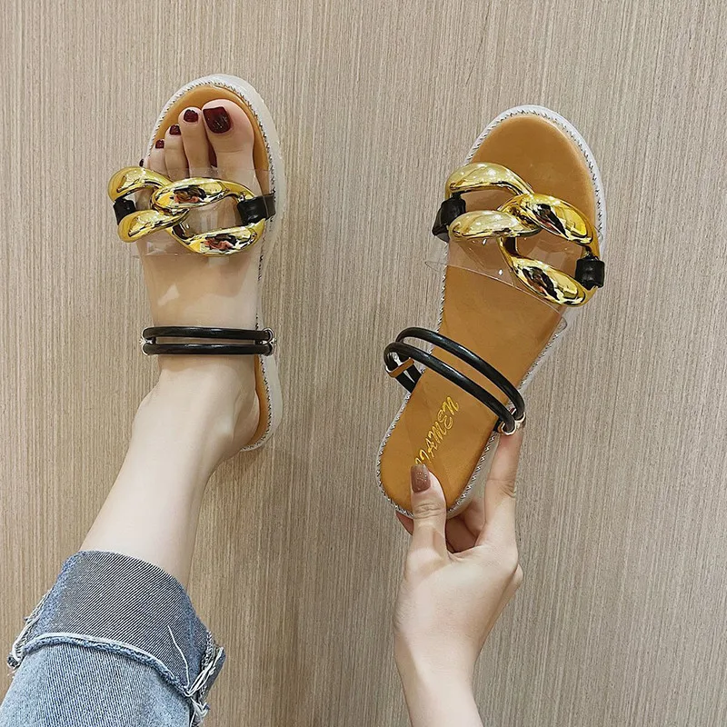

Shoes Ladies' Slippers Low Summer Clogs Woman Rivet Luxury Slides Pantofle Transparent Heel Flat Beach Designer 2021 Metal Decor