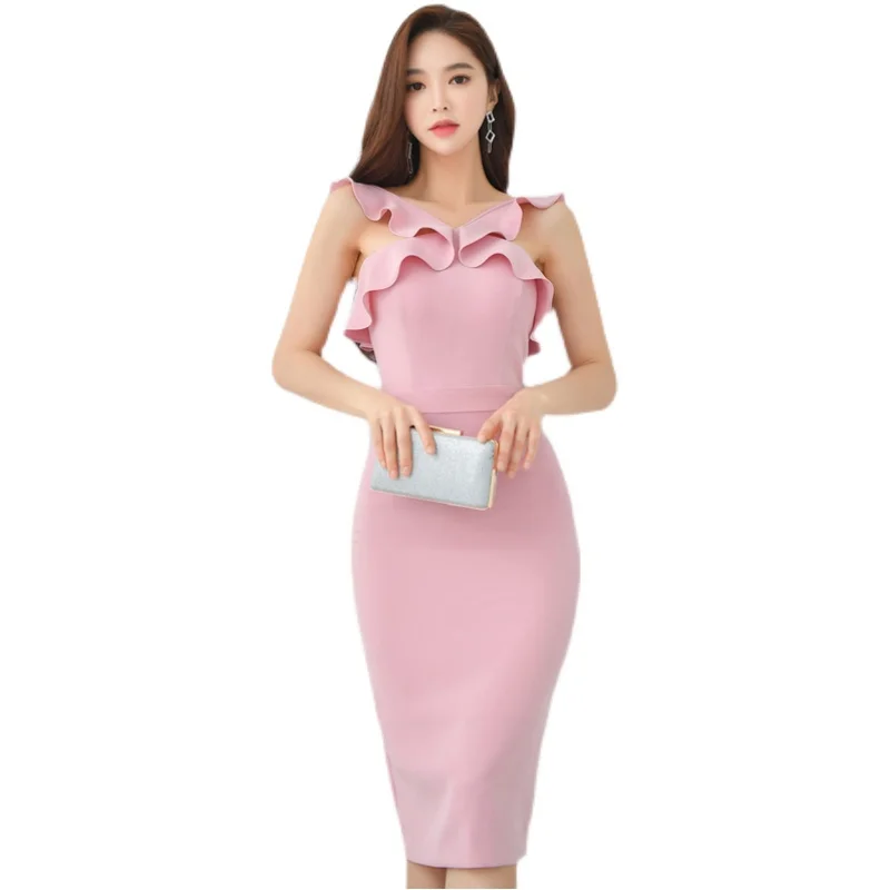 

Пикантная обувь; Цвет розовый; Плотное платье из одного предмета, платье в Корейском стиле летнее платье без рукавов с оборками и низким выр...