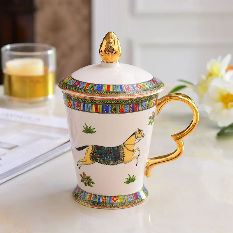 Роскошная фарфоровая чайная чашка с крышкой, Золотая мозаика, голова лошади, Декор, керамическая чайная кружка и крышка, чайная чашка, уникальные Boss Friends, подарки для папы - Цвет: Оранжевый