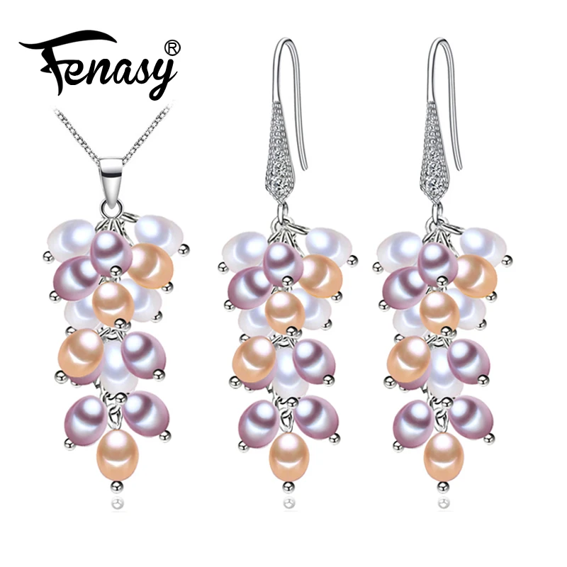 

FENASY 925 Sterling Silver Jewelry Sets For Women Natural Freshwater Pearl Earrings Bohemian Grape Many Pearls Pendant