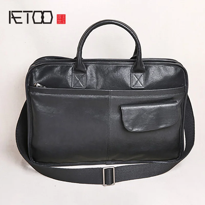 AETOO Men's handbags, simple first layer cowhide men's bags, vegetable tanned leather briefcases, casual business computer bags
