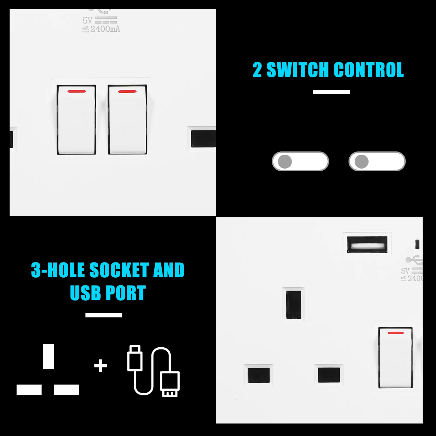 2 Gang 13A розетки индивидуально Switched двойной розетка с Порты USB светодиодный