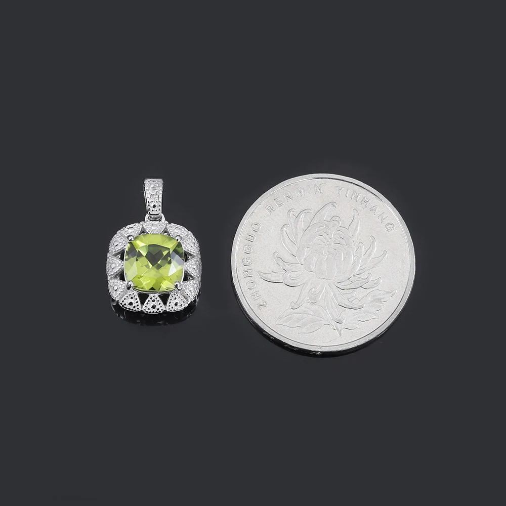 GemStoneKing 2,46 Ct подушка натуральный Зеленый Перидот белый бриллиант 925 пробы серебряный кулон ожерелье для женщин