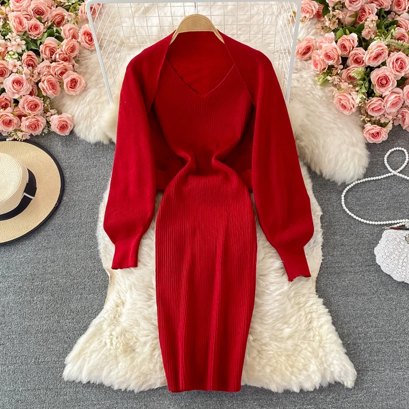 Vintage Women's Dress 2 Pieces Sleevless Knit Dress with Long Sleeve Knitted Carigans Bag Hip Slim Vestidos Female 2021