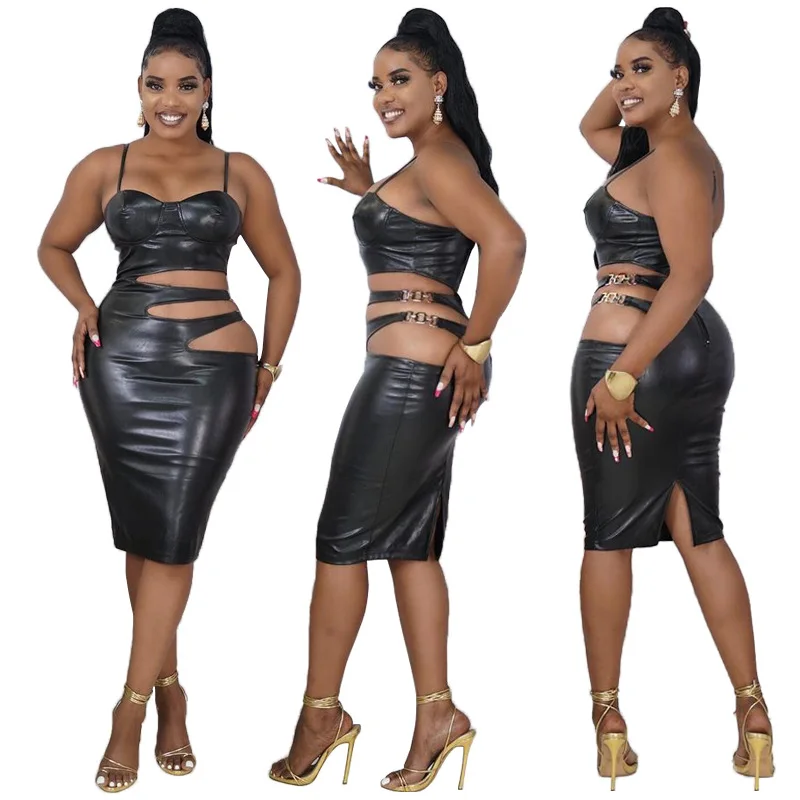 

Sexy Women Pu Leather Dress Hollow Out Bodycon Party Night Solid Color High Streetwear Clothes For Women Outfit