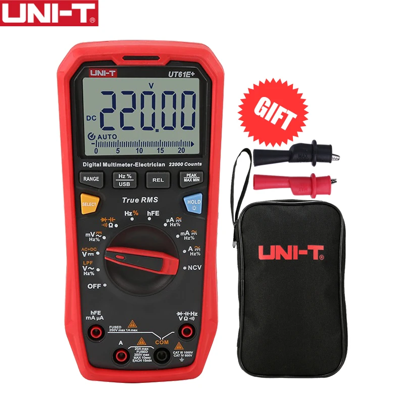 

UNI-T 1000V 20A Digital Display 22000 Counts Multimeter NCV hFE Auto Range Voltage Current High Precision Tester USB UT61E+