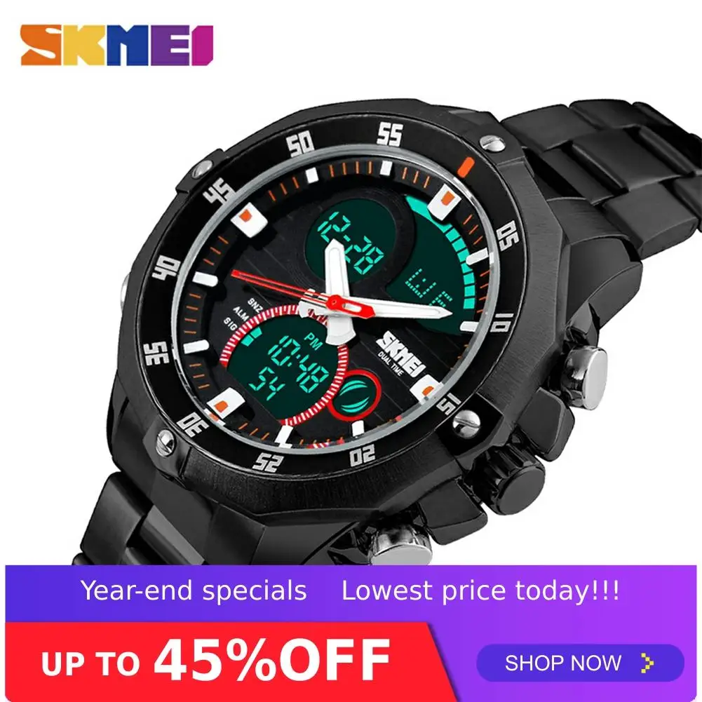 

SKMEI 1146 Men Quartz Waterproof LED Wristwatches Digital Alarm Stainless Steel Strap EL Backlight 30M Water Resistant