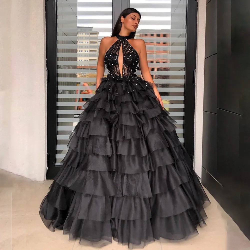 

2021 Black Halter Formal Evening Gown Beading Split Cake Tutu Floor Length Women Prom Party Dresses платье женское вечернее