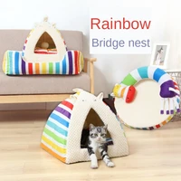 2021 new rainbow series pet nest cushion yurt with hanging ball sofa cushion cat nest winter kennel cat accessories pet