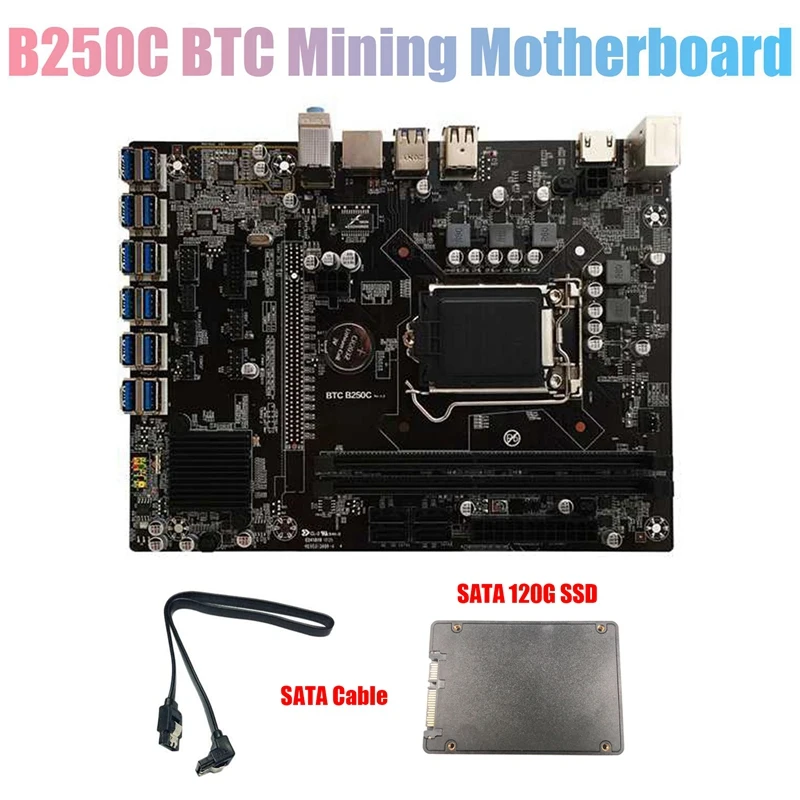 

Материнская плата B250C для майнинга BTC с 120G SSD + SATA кабелем 12xpcie на USB3.0 слот для карты LGA1151 поддерживает DDR4 для майнинга BTC