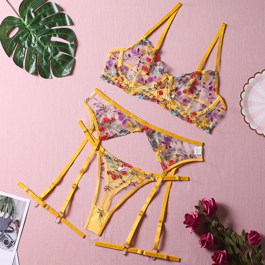 Sexy Bra And Panties Set Lingerie Yellow Embroidery Lace Transparent Women's Underwear Set Erotic Brief Set Lingerie Costumes