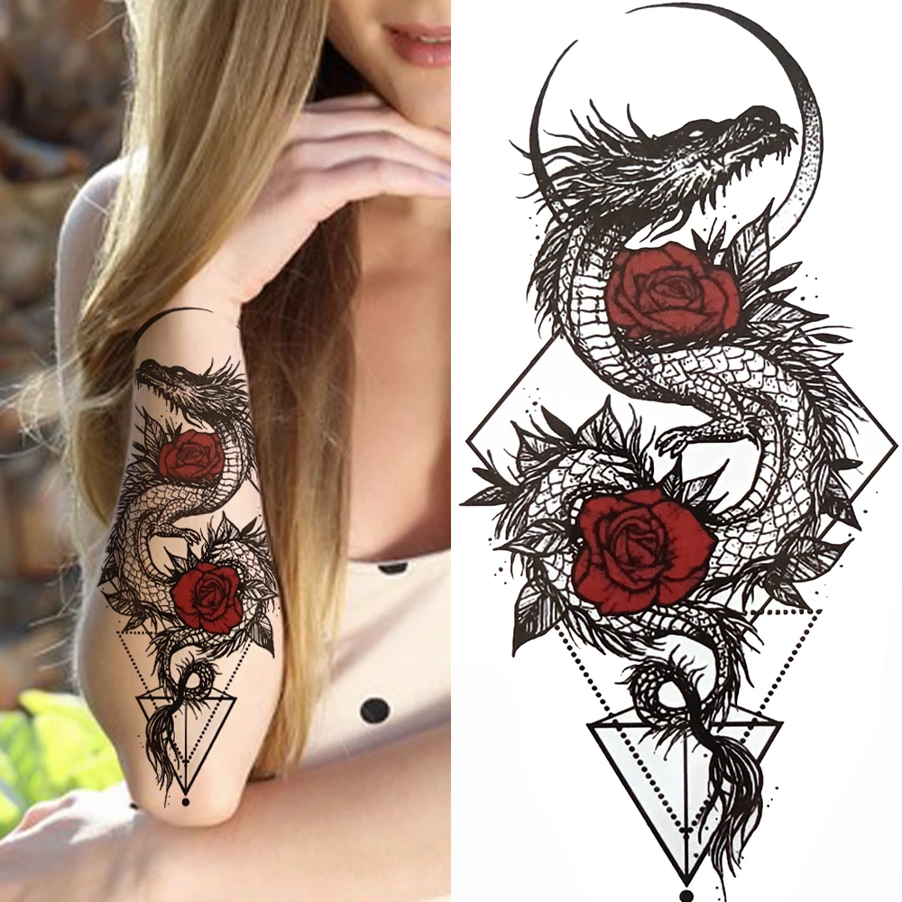 3D Black Flower Temporary Tattoos For Women Rose Peony Lotus Tattoo Sticker Fake Jewelry Chains Geometric Triangle Tatoo Decal images - 6