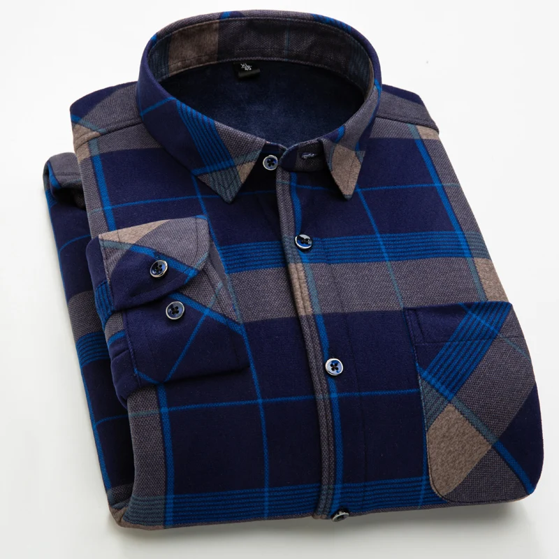 Men's Plaid Long Sleeve Shirt 2020 Autumn Winter Thicken Plus Velvet Warm Fashion Thick Casual / Size 6XL Blouse | Мужская одежда