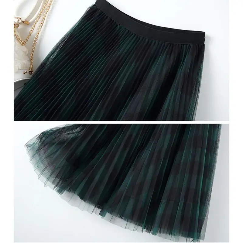 

Chic Plaid Pleated Skirt Spring Summer New Women Skirts Fashion High Waist Multi-Layer Mesh Skirts