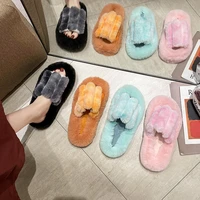 2022 thick bottomed fur slippers for women autumn winter style large size gradient rabbit fur slippers home fur cotton slippers