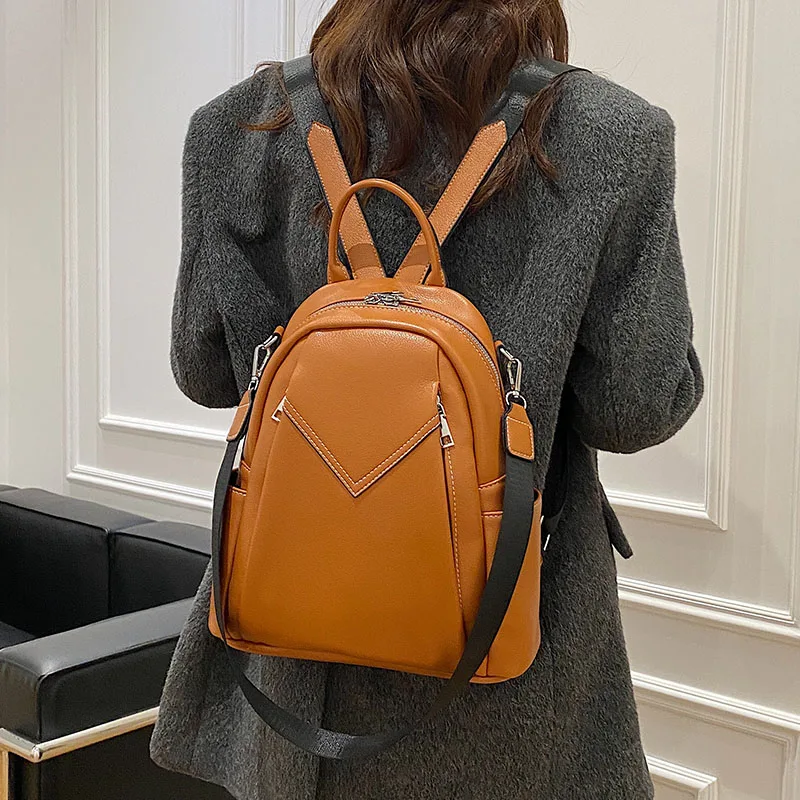 

SEETIC Women Pu Leather Backpack Solid Color Laptop Bag Female Fashion Shoulder Bags Women Multi-Function Waterproof Travel Bag