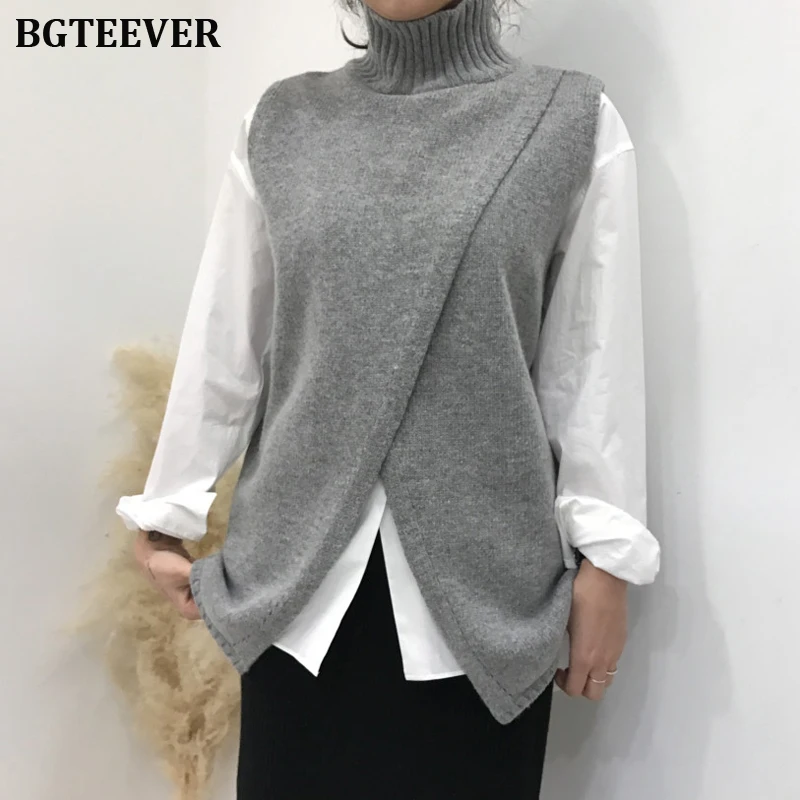 Модная водолазка вязаный жилет женский свитер шикарный Сплит трикотажные жилеты