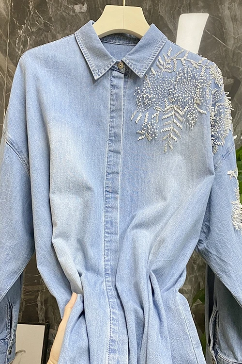 

SuperAen 2021 Fashion Denim Blue Shirts Women's Beading Blouse Long Sleeve Jean Office Lady Blusas Female Button Tops