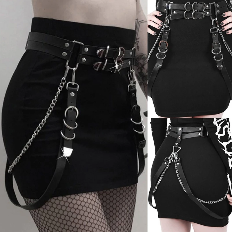 

PU Leather Crescent Moon Gothic Punk Waist Belt with Chain for Women Walking Street Cool Wasitban Girls JK Dress
