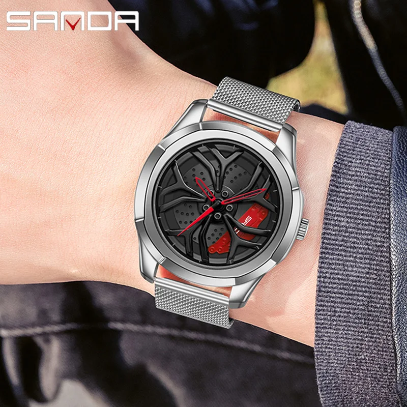

SANDA Men Rim Hub Watch Sport Design Sports Car Watch Stainless Mesh Racing Wheel Rim Hub Quartz Watch Man Waterproof Relogio