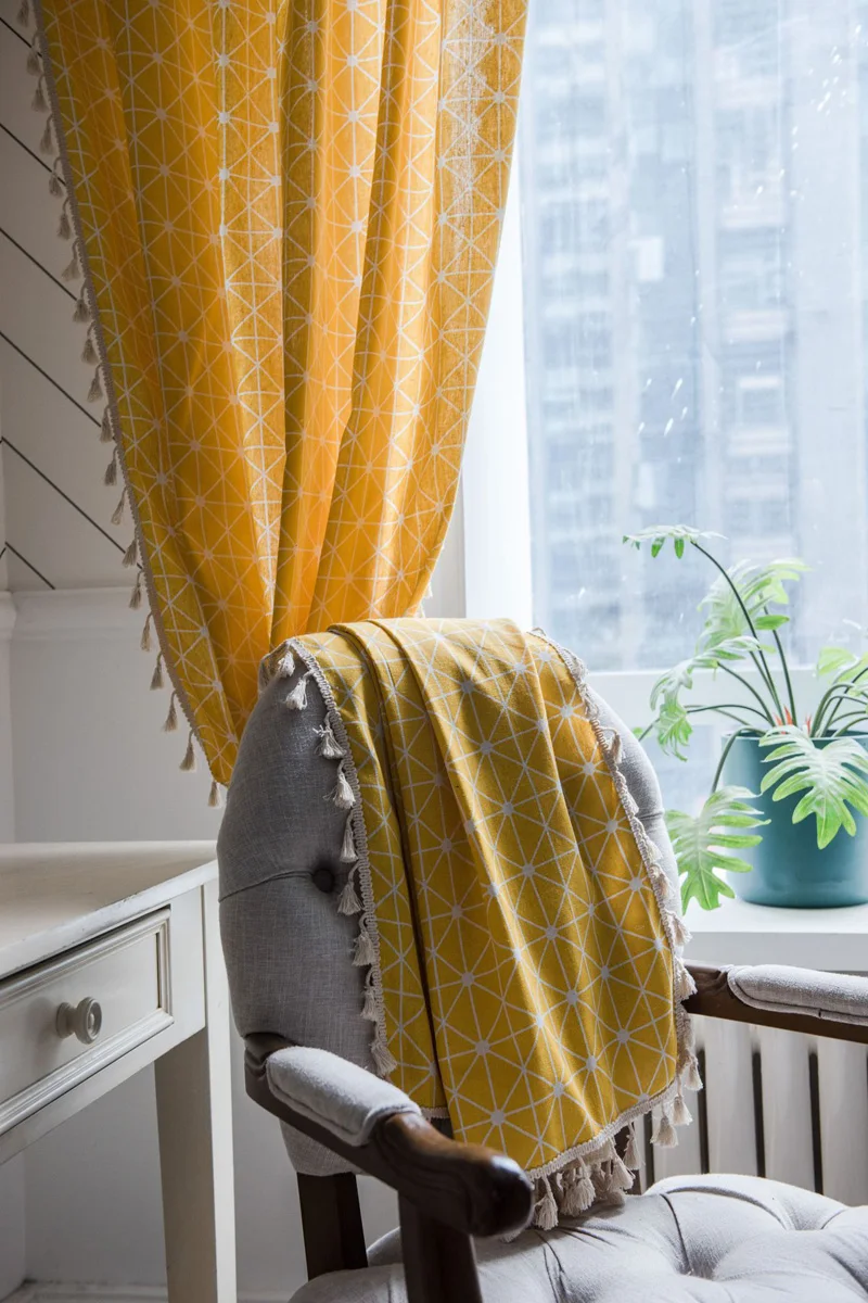 Шторы с нордическими кисточками желтые постельное белье из хлопка