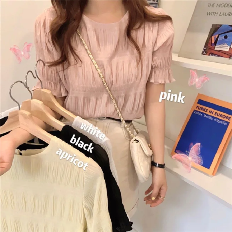 

2021 New Chic Blouse Women Chemises Femme O Neck Short Sleeve Unicolor Sweet Summer Shirts Korean Style Blusas Mujer