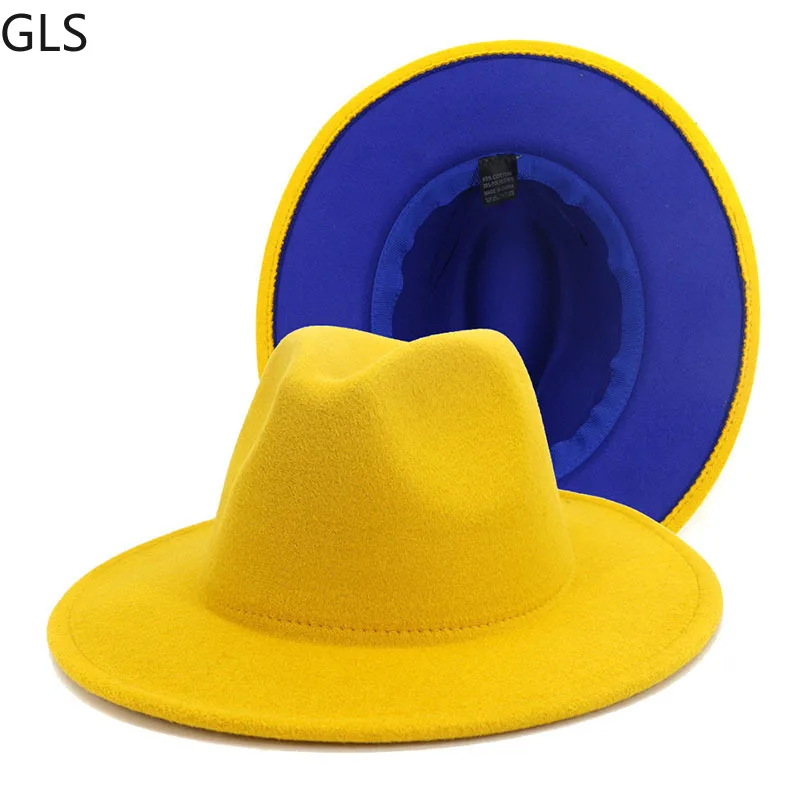 

Casual Fashion Men Yellow Royal Blue Patchwork Felt Hat Women Wide Brim Wool Jazz Fedora Hat Panama Trilby Cap Trend Gambler Hat