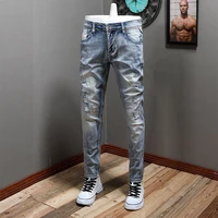 street style fashion men jeans retro light blue elastic slim fit ripped jeans men embroidery designer destroyed hip hop pants
