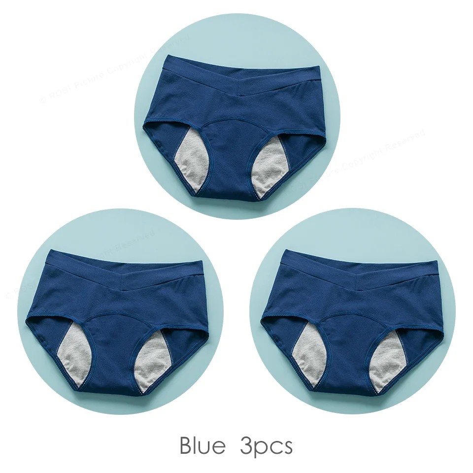 Blue 3pcs ROSI женское менструальное нижнее белье хлопок Комфорт высокая талия непроницаемые шорты трусики женские нижнее белье бренд трусы 3 шт - Цвет: Blue 3pcs