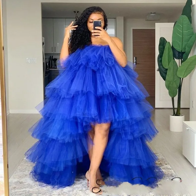 Royal Blue Ruffled Tulle Dress Women Puffy Hi Low Party Night Dresses Tiered Sleeveless Long Tutu Skirt Chic Photo Shoot Dress