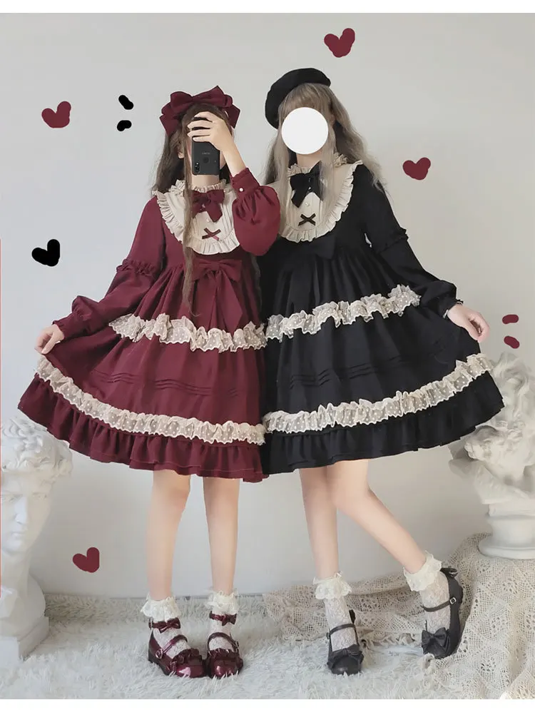 Rose Love Original Design Cute Women's Girls Maid Style Bows Lolita Dress Long Sleeve Winter One Piece