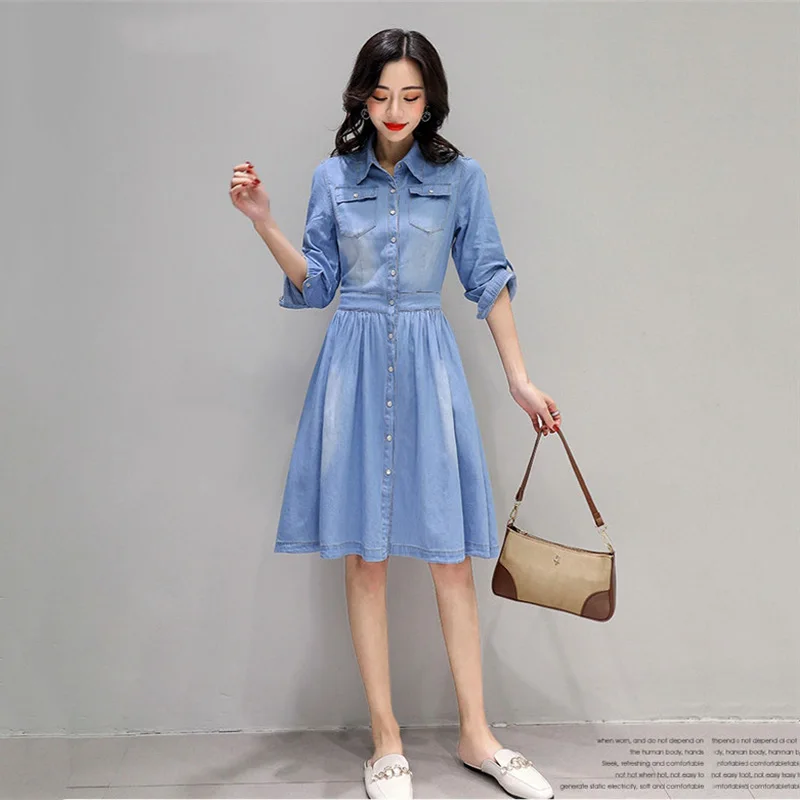 Платье-рубашка женское джинсовое модное элегантное приталенное Повседневное