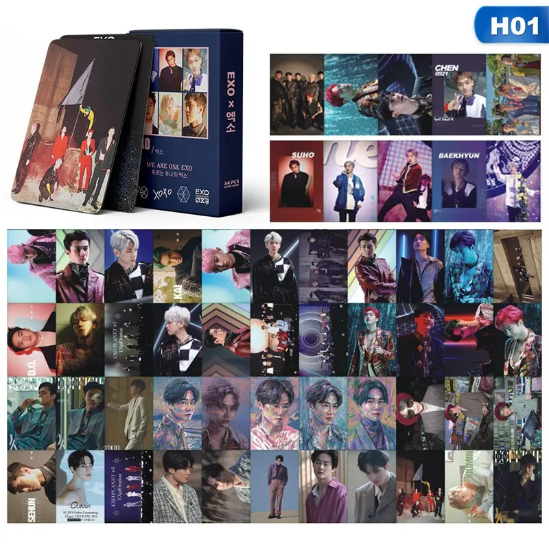 

54Pcs/set EXO Combination Poster Small Card Postcard Peripheral Card Fan Collection Star Photo Card