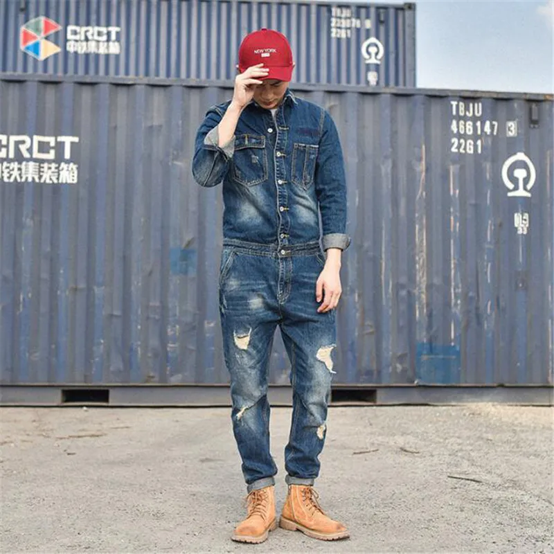 Модный мужской рваный джинсовый комбинезон с курткой из потертого денима
