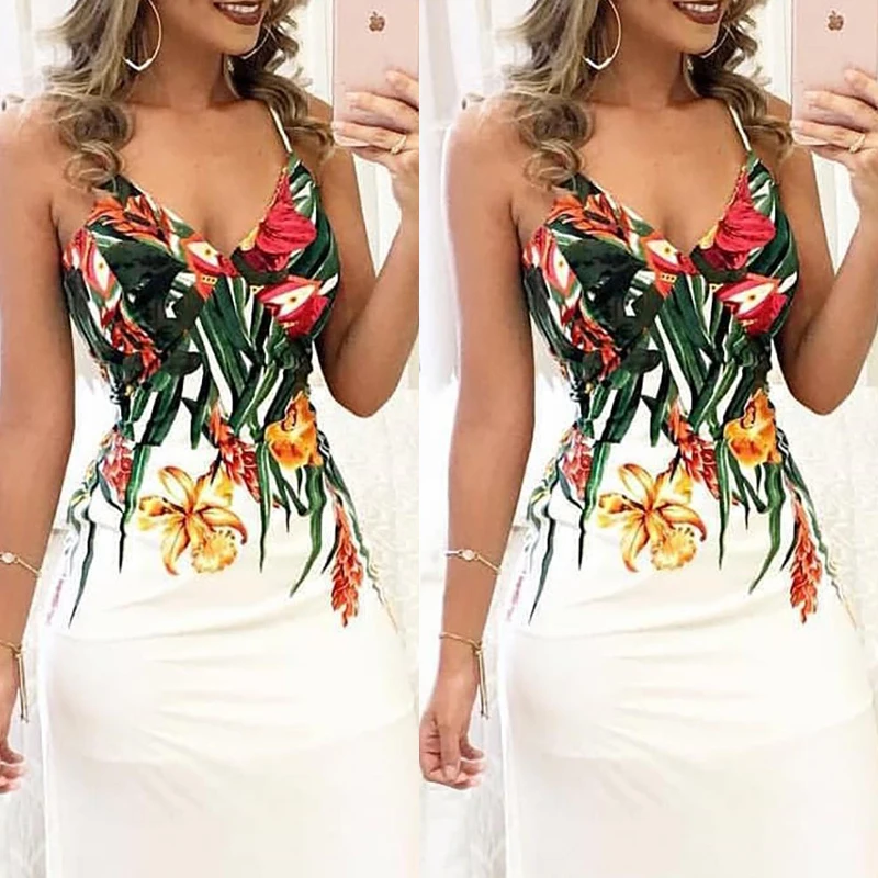 

Fashion Women Summer Floral Sleeveless Strap V Neck Boho Dress Casual Long Maxi Evening Party Beach Dress Sundress