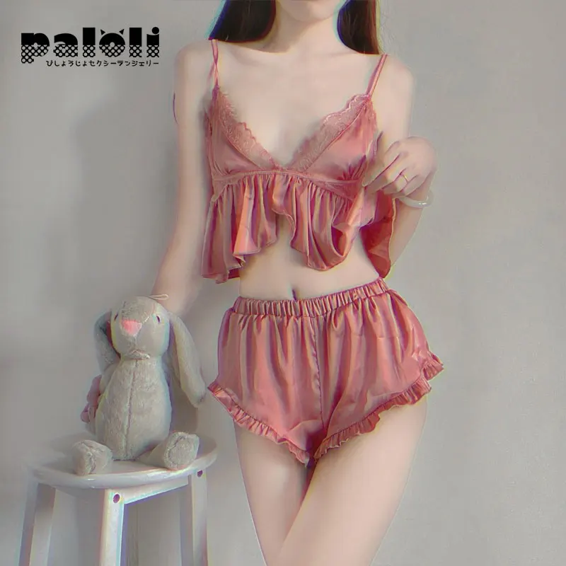 Paloli French Satin Silk Tops and Shorts Two Piece Underwear Set for Home Pajamas for Women Sleepwear Nightwear Sexy Lingerie