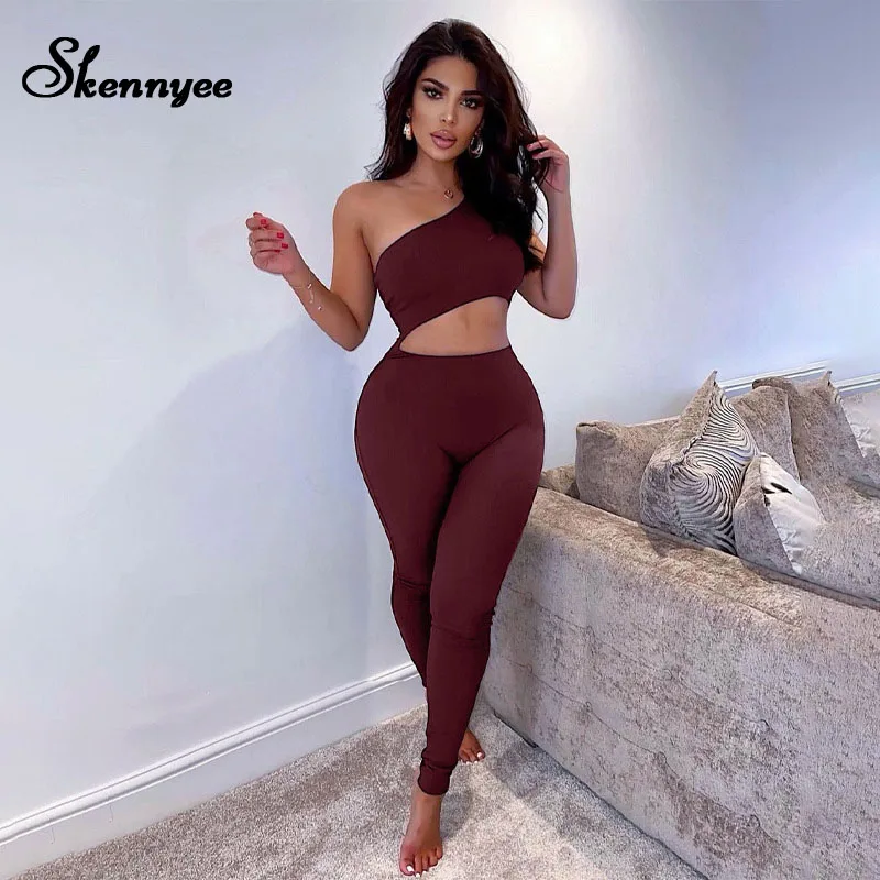 

Skennyee Off Shoulder Jumpsuit Hollow Out Sportwear Solid