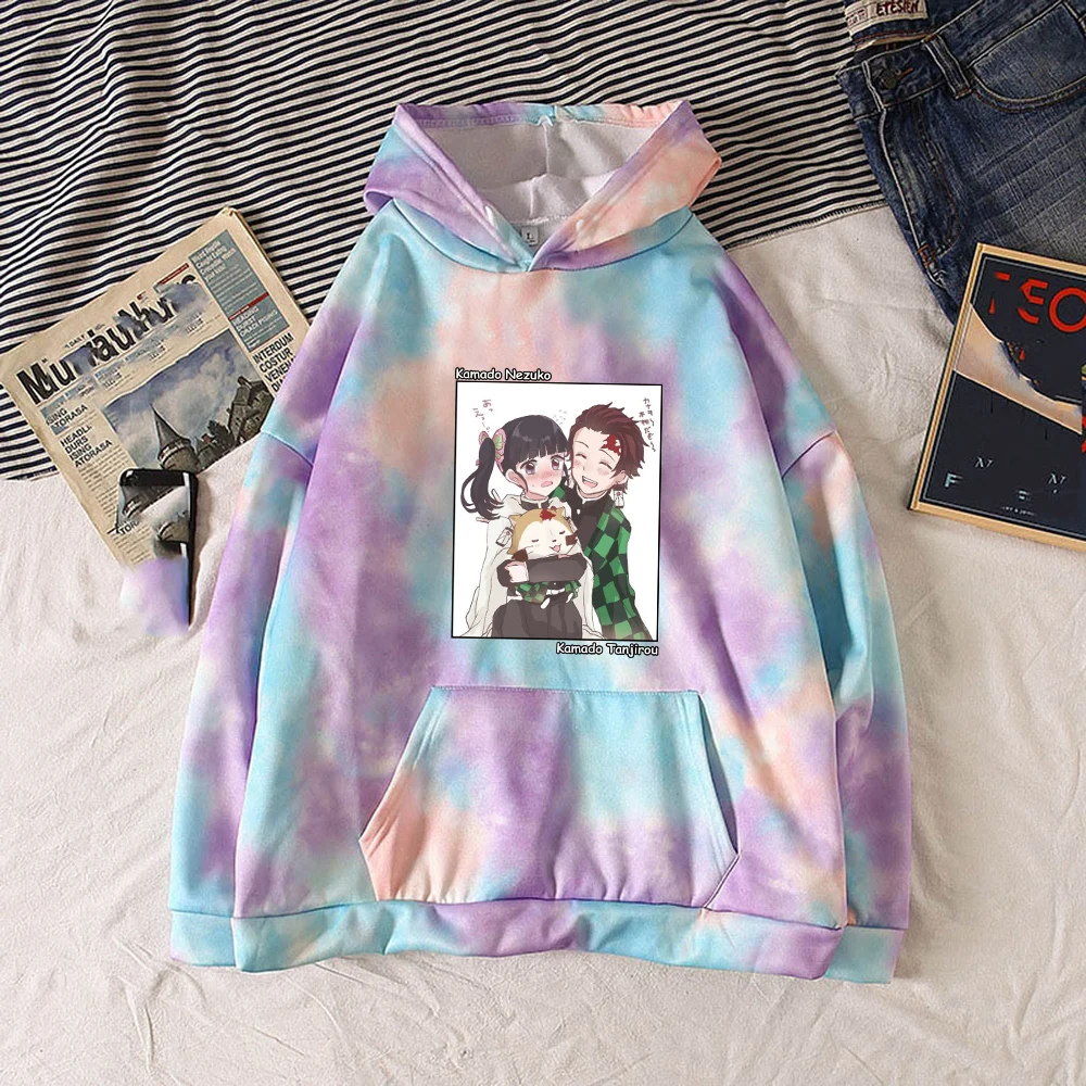 

Hot Anime Demon Slayer Hoodie 2021 Fashion Punk Sweatshirt Pullover Tie-dye Pocket Costume Harajuku Causal Tops Unisex