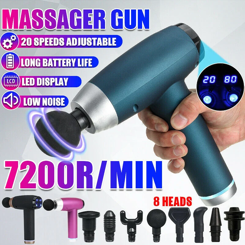 Массажный пистолет для мышц с сенсорным экраном 8 насадок ЖК-дисплей 20 скоростей