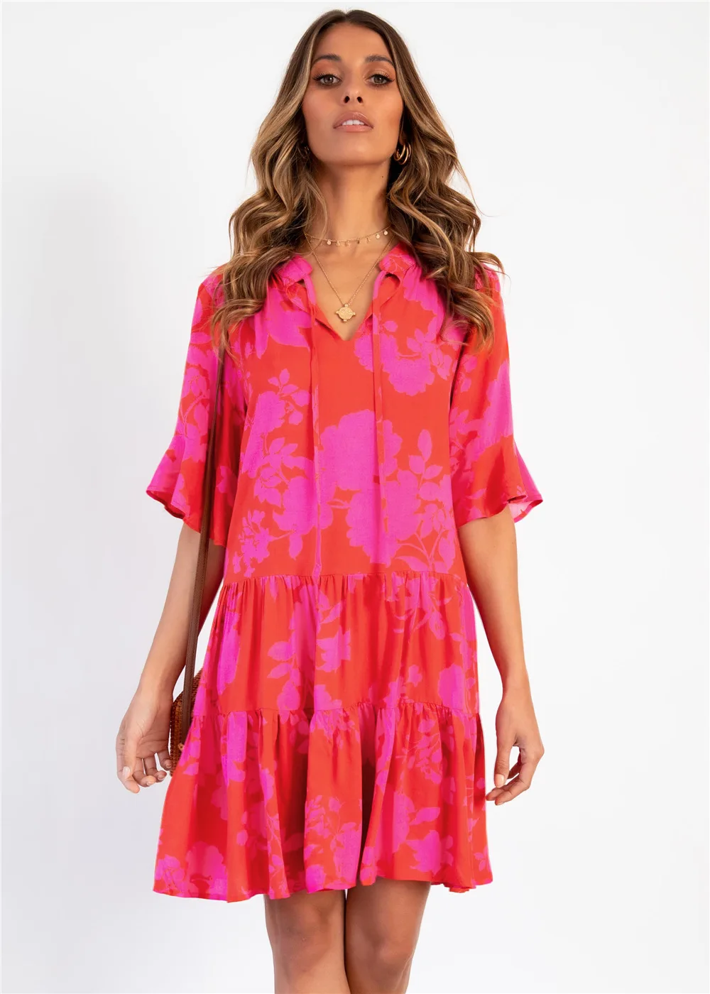 

Summer Ladies V -Neck Lace Leopard Flower Print Dress Stitching Fashion Lotus Leaf Short Sleeve Dresses Loose Women Vestidos