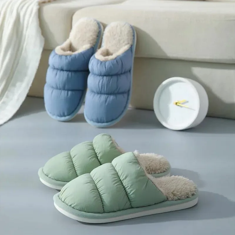 

2022 Winter Women Men Slippers Down Cloth Home Slipper Non-Slip Soft Warm House Slides Indoor Bedroom Lovers Couples Floor Shoes