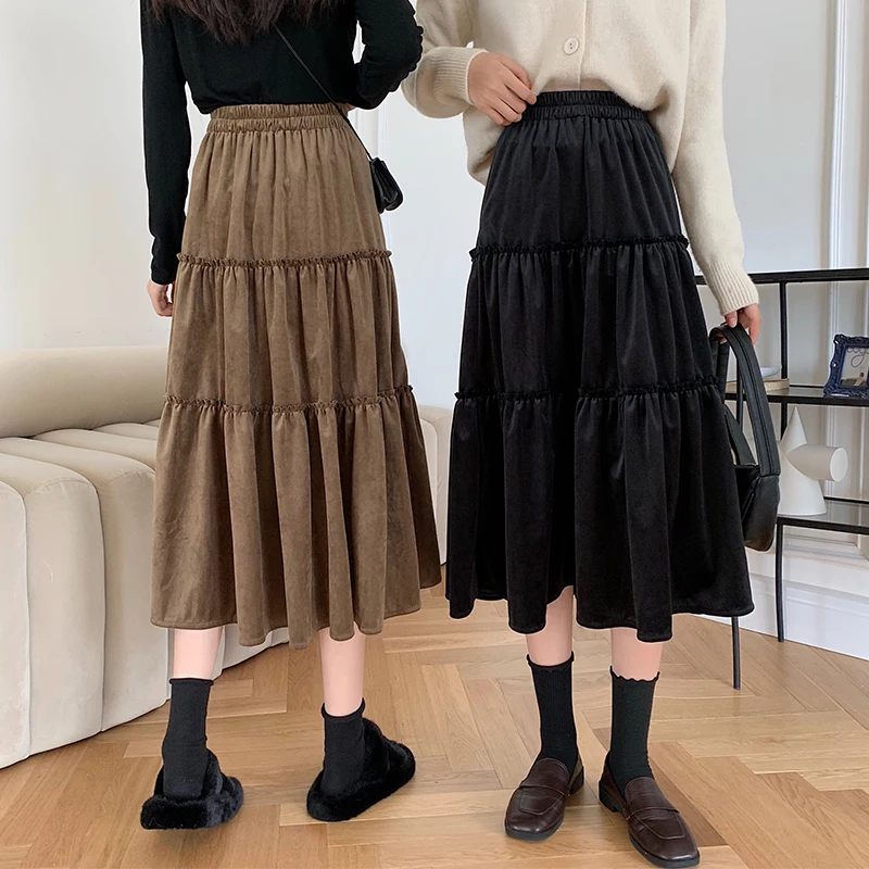 

Autumn Winter Long Velvet Skirt Women Korean Fashion School Girl Cute Splicing Ruffle A-Line High Waist Midi Skirts Brown Black
