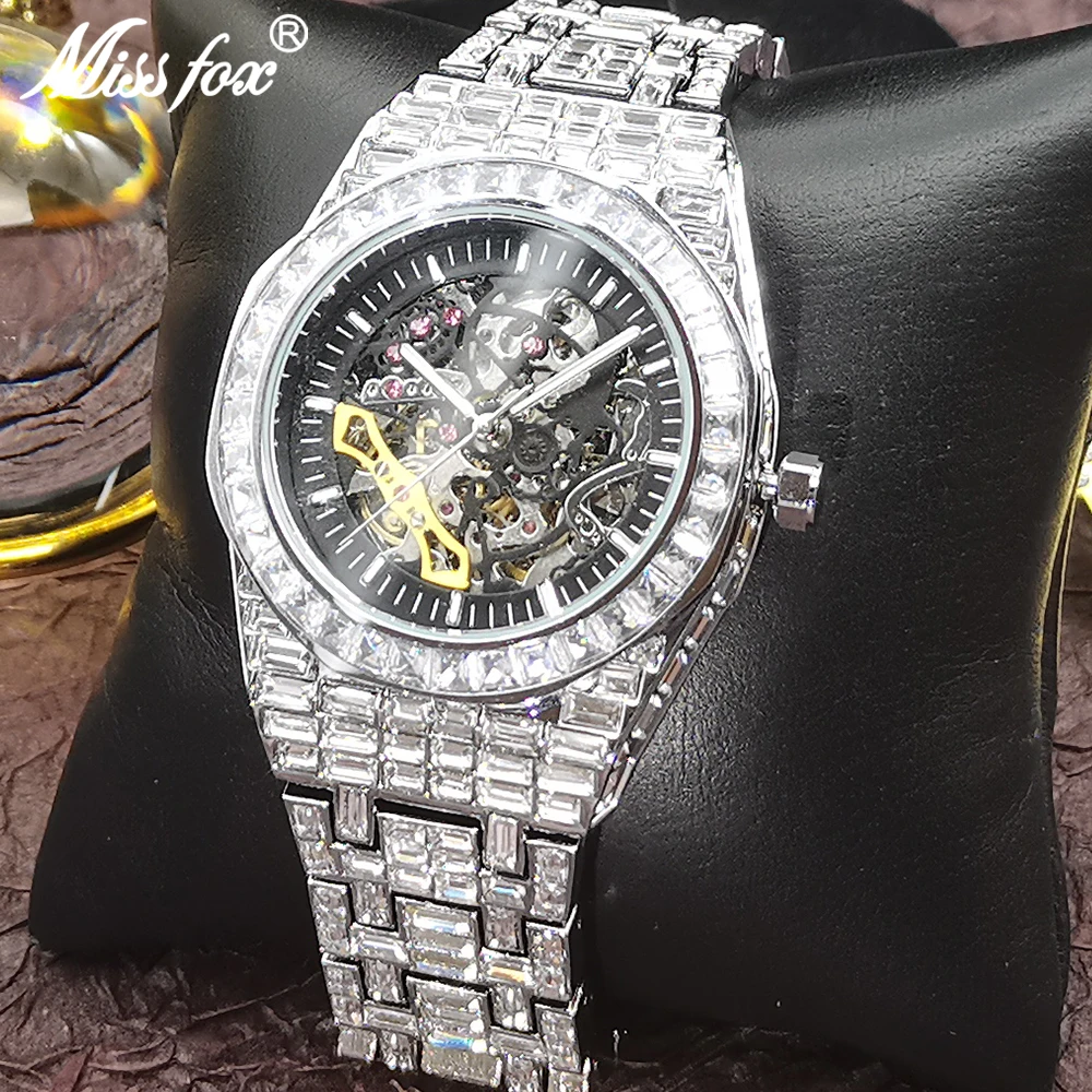 MISSFOX Mechanical Watch Men Full Diamond Stainless Steel Fashion Hollow Automatic Wristwatch Hip Hop Iced Out Luxury Male Clock