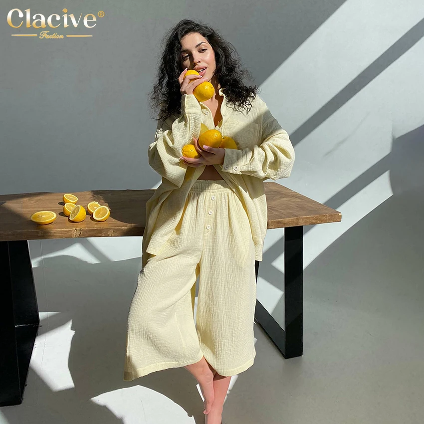 

Повседневный однотонный комплект Clacive из двух предметов, женская модная блузка с длинным рукавом, рубашка, брюки с высокой талией, элегантны...