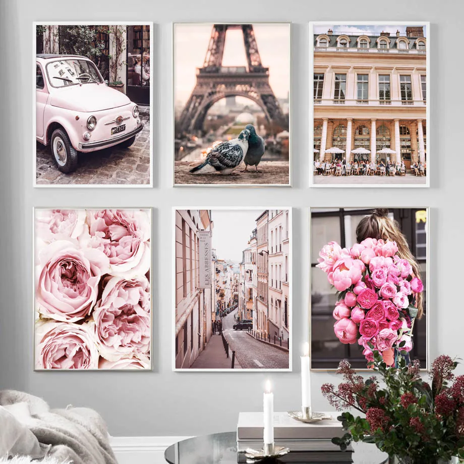 

Pink Rose Flower Paris Tower Pigeon Car Wall Art Canvas Painting Nordic Posters And Prints Wall Pictures For Living Room Decor
