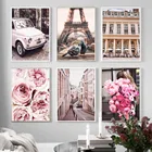 Настенная картина с изображением розовых роз, Парижа, башни, голубей, автомобиля, постеры и принты на холсте в скандинавском стиле, настенные картины для декора гостиной